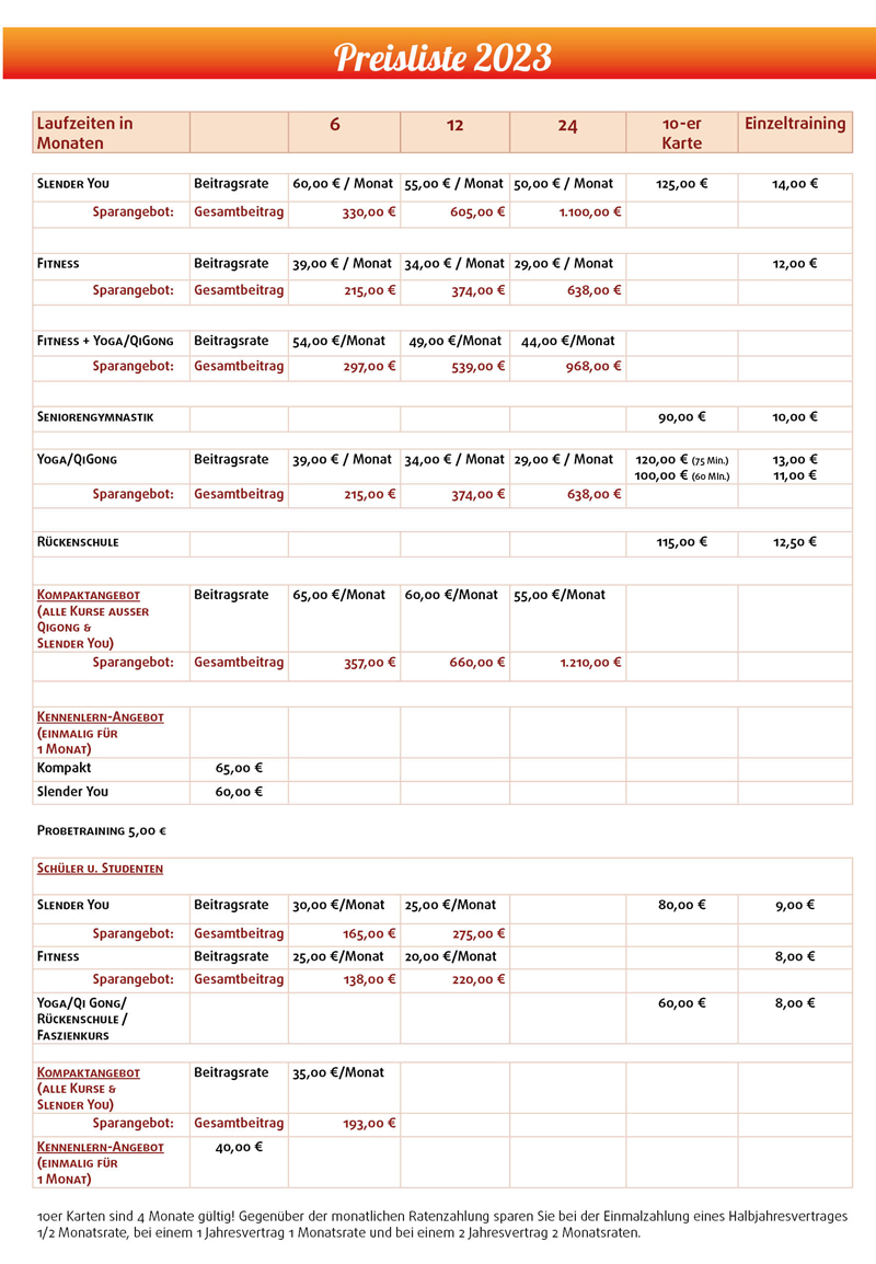 Preisliste 2023